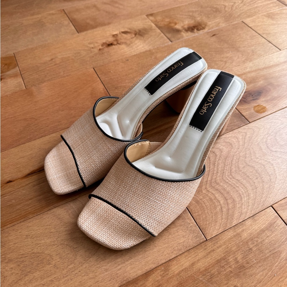 Franco Sarto Beige Woven Open-Toe Slide Mules with Black Trim